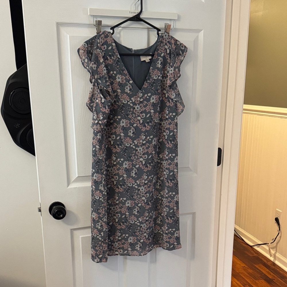 LOFT Blue Floral Midi Dress with Ruffle Sleeves